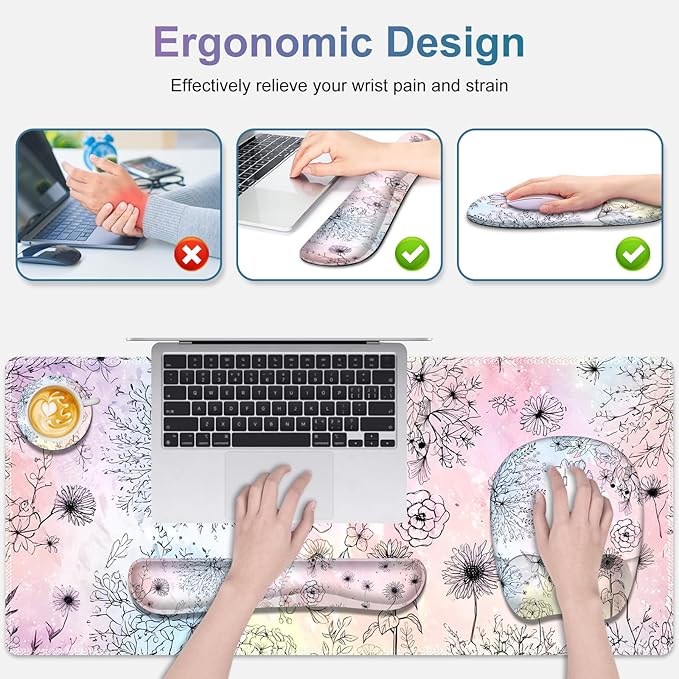 Large Mouse Pad Keyboard Wrist Rest Set Ergonomic Mouse Pad with Wrist Support Desk Mat with Stitched Edges Extended Desk Pad Waterproof Desk Mat for Home Office Game I Dandelion &amp Sunflower