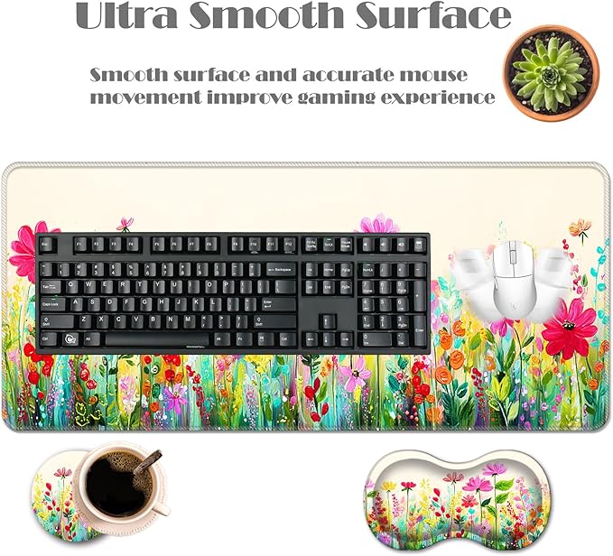 Ergonomic Keyboard Wrist Rest &amp Mouse Pad Wrist Rest SetXL Gaming Desk Mat 31.5x 11.8Non-Slip BaseMemory FoamEasy Typing Pain Relief for Office &amp HomeColorful Floral Field