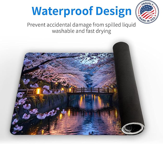Serene Cherry Blossom Bridge Desk Mat Tranquil Nightscape Large Gaming Mouse Pad Non-Slip Waterproof Office Desk Mat for Workstation Japanese Garden-Inspired Desktop Decor 31 x 15in