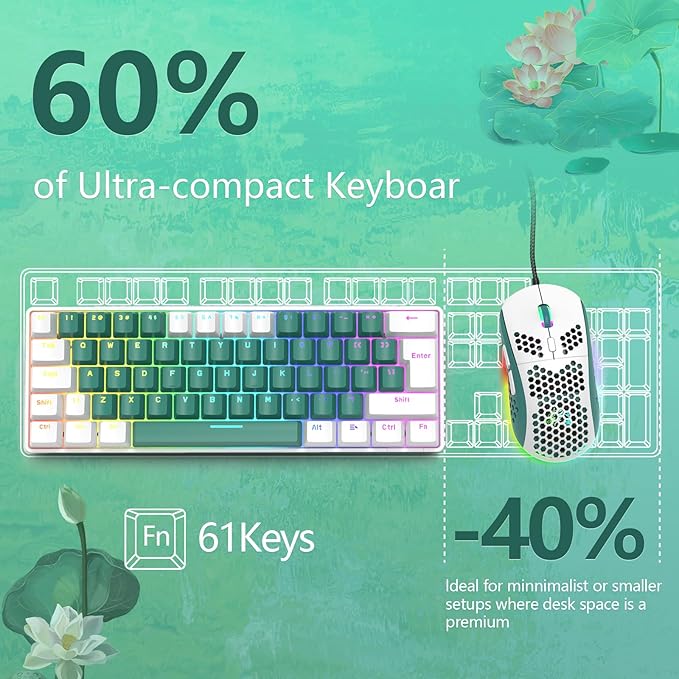 RK-T60 Wired 60% TKL Mechanical Gaming Keyboard Led Rainbow Backlight Ultra-Compact NKRO Linear Red Switch ABS Keycap RGB Honeycomb Mice Coiled Aviator Cable for Windows Laptop PS4/PC/WIN Gamer