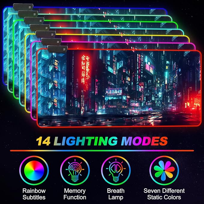 ARTSO RGB Gaming Mouse Pad Large Extended Soft Led Mouse Pad with 14 Lighting Modes 2 Brightness Water Resist Keyboard Pad Computer Mousepads Mat 35.4x15.7inch Night City