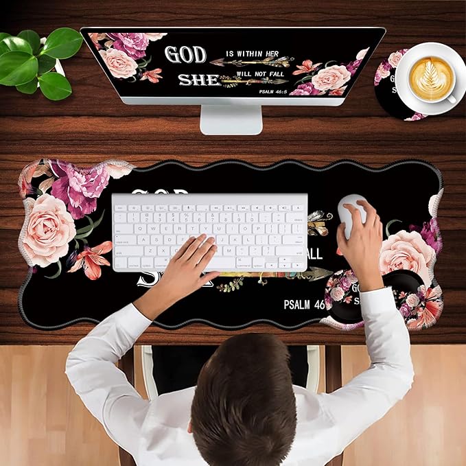 Mouse Pad with Wrist Support + Desk Mat + Coaster 3 in 1 Set XL Large Gaming Mousepad Ergonomic Mouse Pads for Desk Computer Laptop OfficeFlower Bible Verse Psalm 46-5