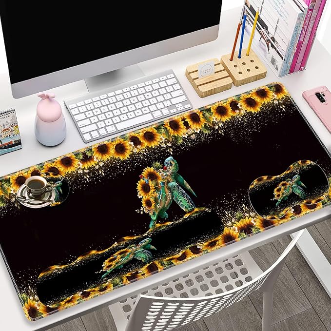Large Gaming Mouse Pad Keyboard Wrist Rest + Mouse Wrist Pad + Coaster Combination Set Memory Sponge Non-Slip Base. Suitable for Office and Home Glitter Turtle Sunflowers