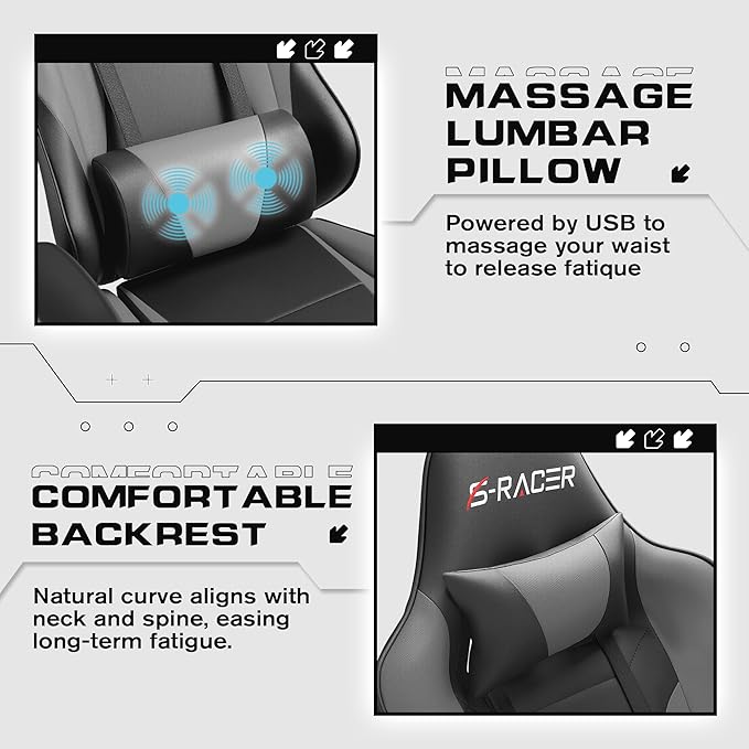 Homall Gaming Chairs Computer Chair with Footrest and Massage Lumbar Support Height Adjustable Game Chair with Headrest and Swivel Seat (Light Grey)