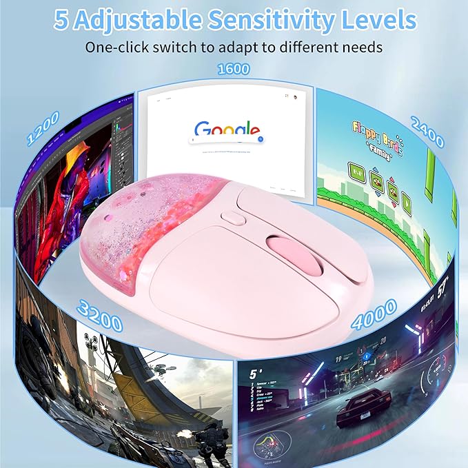Wireless Mouse with Liquid Quicksand Sequins 2.4GHz &amp Bluetooth Dual Mode Rechargeable Silent Cute Aqua Mouse with LED Light Portable Water Mice for Laptop PC Tablet MacBook Kids Adults Gift (Pink