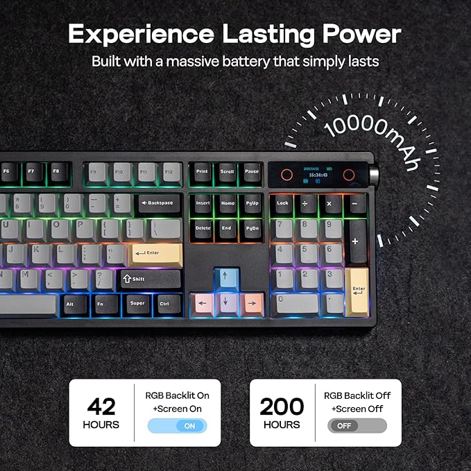 EPOMAKER TH108 PRO Full Size Mechanical Keyboard with Screen &amp Knob Wireless Gaming Keyboard with 10000mAh Creamy Gasket Hot Swap Custom Driver RGB Backlight (Black Sea Salt Silent)