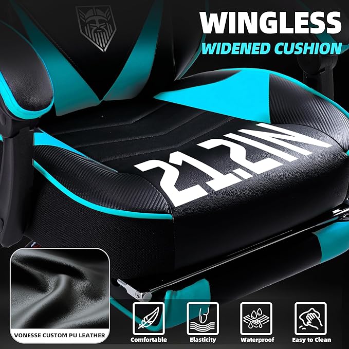 Vonesse Gaming Chair High Back Gaming Chair with Footrest and Massage Gaming Chairs for Adults with Pocket Spring Cushion Big and Tall Reclining Computer Chair with Lumbar Support (Cyan/Black)