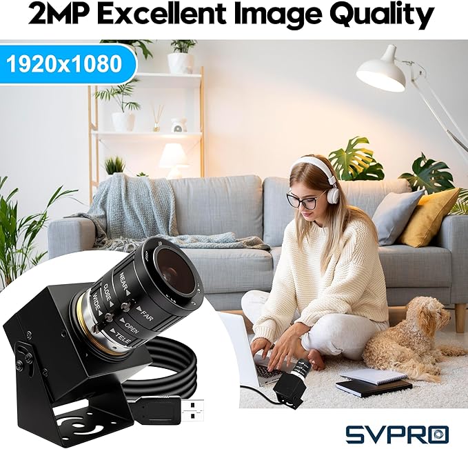 SVPRO 1080P USB Camera Starlight Low Light Webcam with Zoom Lens 3.6-10mm Manual Focus Machine Vision Industrial Camera UVC Plug and Play for Computer and Laptop