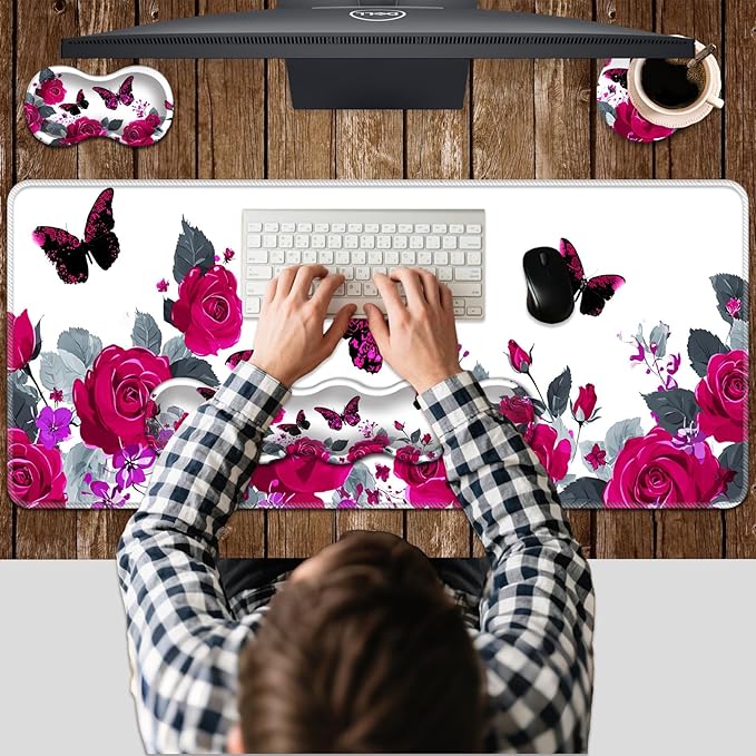 Ergonomic Keyboard Wrist Rest &amp Mouse Pad Wrist Rest SetXL Gaming Desk Mat 31.5x 11.8Non-Slip BaseMemory FoamEasy Typing Pain Relief for Office &amp HomeRoses and Black Butterflies