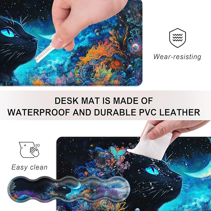 Mouse PadLarge Desk Mat Set 4in1 XL Mousepad + Keyboard Wrist Rest+Mouse Wrist Rest+Coaster with Ergonomic Desk Pad for Home Office Table Computer Cover -Cosmic Black Cat and Moon