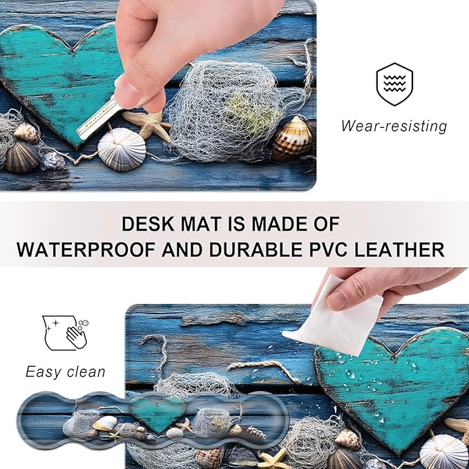 Mouse PadLarge Desk Mat Set 4in1 XL Mousepad + Keyboard Wrist Rest+Mouse Wrist Rest+Coaster with Ergonomic Desk Pad for Home Office Table Computer Cover -Rustic Beach Heart Seashells