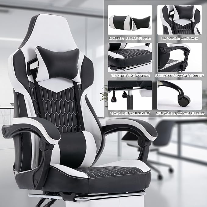Black White Gaming Chairs with Footrest PVC Leather Video Game Chair for Adults Ergonomic Gaming Chair with Headrest &amp Lumbar Support Reclining Gamer Chairs with Adjustable Backrest (Black Whit