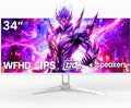 CRUA 34'' Ultrawide Gaming Monitor 120HZ 21:9 WFHD 2560X1080 IPS Panel Computer Monitors with Built-in Speakers Support AMD FreeSync 120% sRGB DP1.4 &amp HDMI1.4 Wall Mountable Installs-White