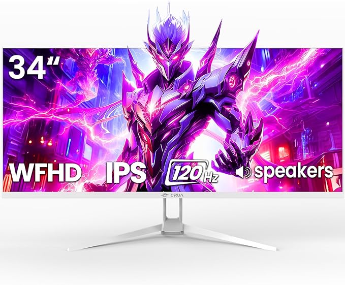 CRUA 34'' Ultrawide Gaming Monitor 120HZ 21:9 WFHD 2560X1080 IPS Panel Computer Monitors with Built-in Speakers Support AMD FreeSync 120% sRGB DP1.4 &amp HDMI1.4 Wall Mountable Installs-White