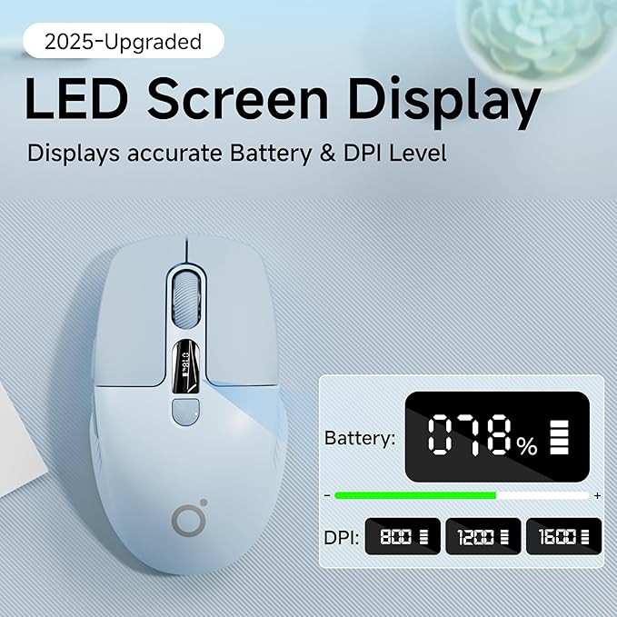 EWEADN Q1 Wireless Mouse BT &amp 2.4G Silent Mouse Quiet Click with 1600 DPI Levels Battery &amp DPI LED Screen Display 6 Button Small Portable Bluetooth Mouse for Laptop/PC/Mac-Blue