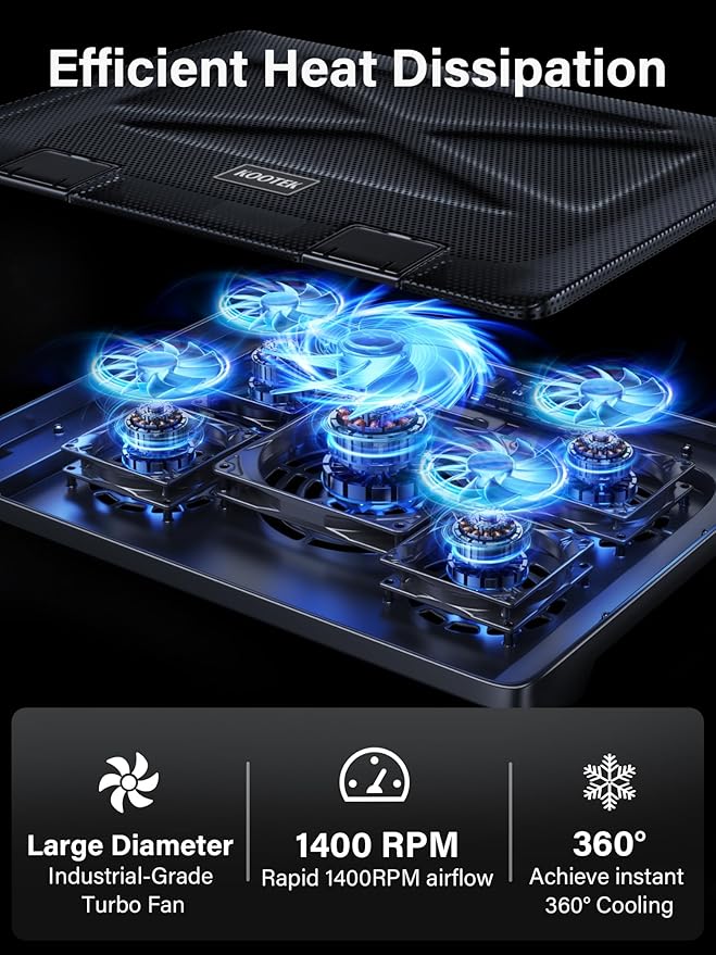 Kootek Laptop Cooling Pad Laptop Cooler with 5 Quiet Fans for 12-17 Computer PC Notebook Gaming Laptop Fan Height Adjustable Laptop Cooling Stand Laptop Accessories Blue
