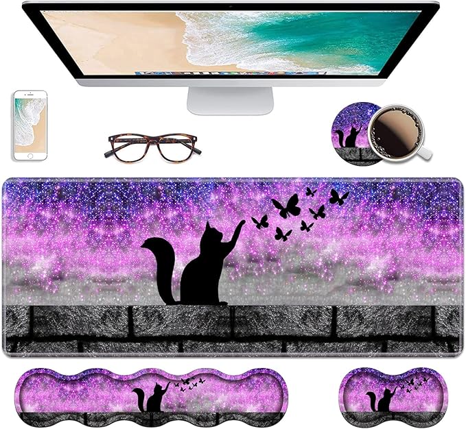 Ergonomic Keyboard Wrist Rest &amp Mouse Pad Wrist Rest Set Large XXL Gaming Desk Mat 31.5x 11.8 with Non-Slip Base Memory Foam Easy Typing Pain Relief for Home &amp Office Black Cat and Butte