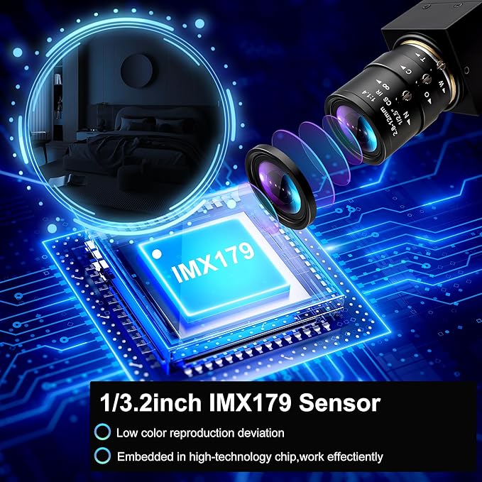 8MP USB Camera Manual Focus Webcam with 2.8-12mm Varifocal Lens UHD 3264×2448 IMX179 Sensor Supports OPENCV Windows/Linux/Android/Raspberry Pi for Machine Vision