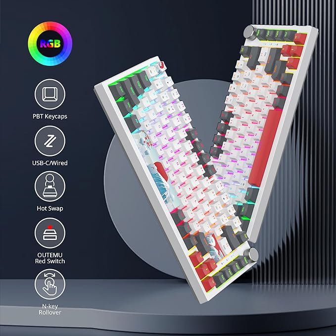 75 Percent Keyboard Gasket-Mounted with Sound Absorbing Pads 82-Key Compact Wired RGB Mechanical Gaming Keyboard Hot-Swap Socket for Win Gray White