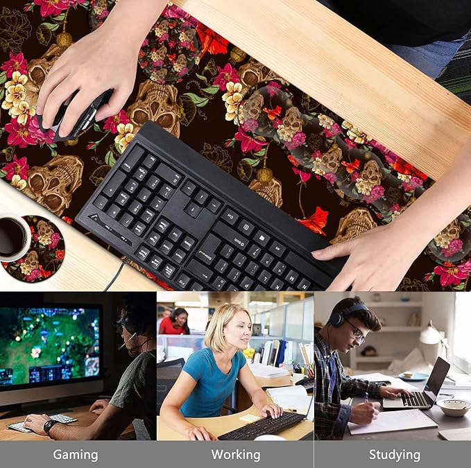 Black Mouse PadKeyboard Mouse Pad SetExtended Gaming Mouse Pad + Memory Foam Keyboard Wrist Rest Support Rose Flower Skull Office Desk Mat Writing Pad Easy Typing XXL Large Mousepad Desk Mat