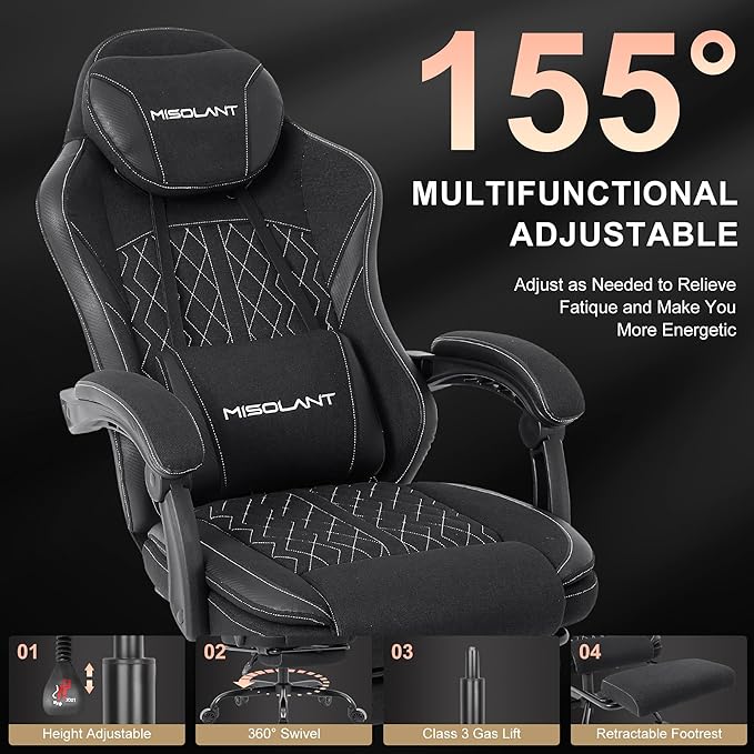 Misolant Gaming Chair Fabric Gamer Chair with footrest for Adults High Back Ergonomic Computer Game Chair with Adjustable Headrest and Massage Lumbar Support 90-155° Recline FreeBlack