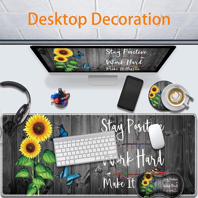 Durable Desk Mat + Wrist Rest Pad + Coasters Set Large Gaming Office Mouse Pad 31.5 x 11.8 Extended Non-Slip Rubber Keyboard Pad Laptop &amp Home Sunflower Inspirational Quote