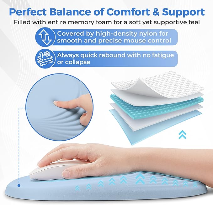 Ergonomic Mouse Pad with Wrist Support Memory Foam Wrist Rest for Pain Relief &amp Carpal Tunnel Non-Slip Base for Office Computer PC Laptop (12x8x1.2inch Light Blue)