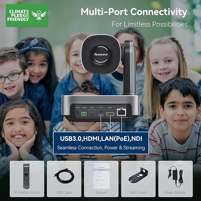 Tenveo 4K NDI PTZ Camera and Controller Bundle AI Tracking HDMI/USB3.0/LAN/PoE12X 4K NDI PTZ Camera and NDI PTZ Controller 5-Inch LCD 4D Joystick for Church Live Streaming Conference