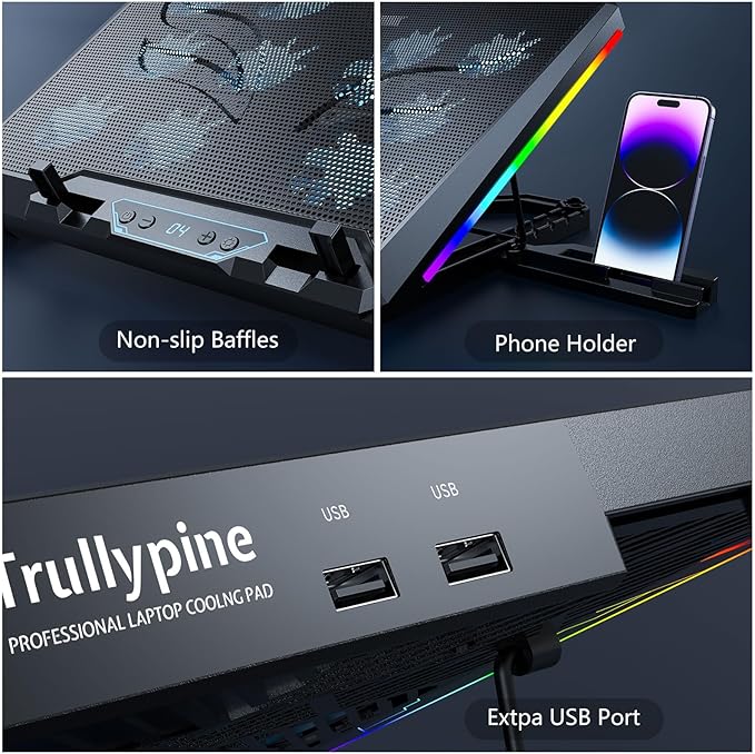 Laptop Cooling Pad with 12 Quiet Fans Slim Portable for 12-17.3 Inch Laptop Cooler Stand RGB Lighting with 5 Height Adjustable Gaming Cooling Fan Pad USB/Type-C &amp Phone Holder (LCD)