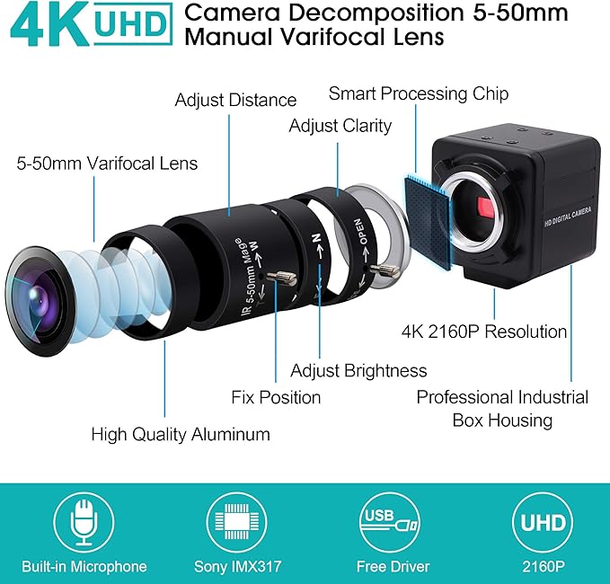 USB Camera 4K Ultra HD Webcam with 5-50mm Varifocal Lens USB Camera High Resolution 3840P Optical Web CameraManual Zoom Conference Webcam Support OPENCV on Mac/Window/Linux