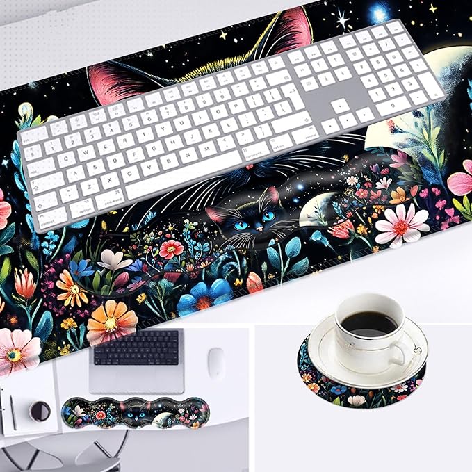 Large Mouse Pad and Keyboard Wrist Rest Desk Pad for Keyboard and Mouse 4-in-1 Large Gaming Mouse Pad with Wrist Support Desk Mat for Home Office Study GameBlack Cat Flower