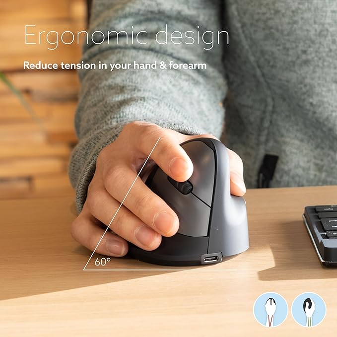 R-Go HE Vertical Ergonomic Mouse Wireless Bluetooth 5.0 for Large Hand with Break Software Prevents Tennis Elbow/Mouse Arm RSI Silent Click 5 Buttons - Compatible Windows/MacOS Black