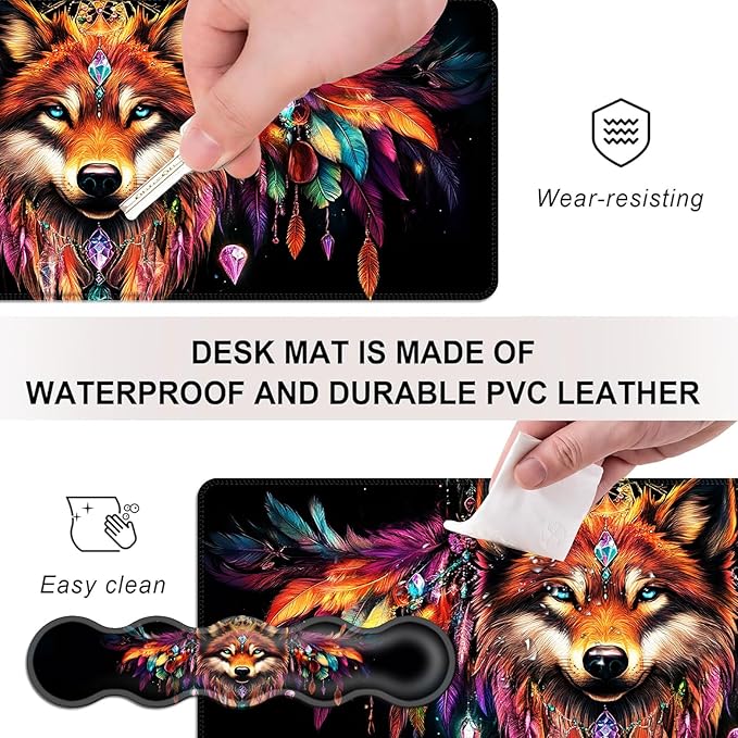 Mouse PadLarge Desk Mat Set 4in1 XL Mousepad + Keyboard Wrist Rest+Mouse Wrist Rest+Coaster with Ergonomic Desk Pad for Home Office Table Computer Cover -Wolf with Feathers