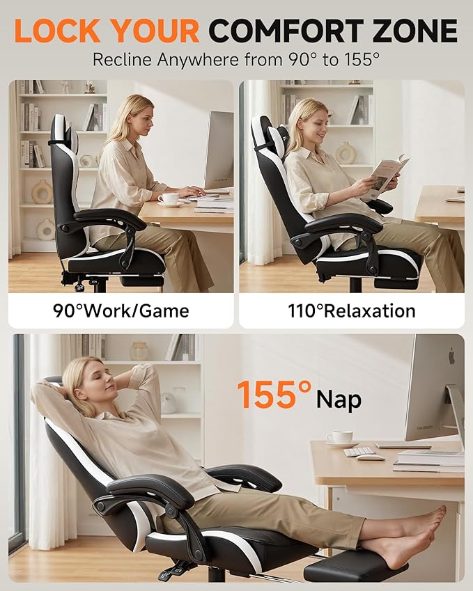 GTPLAYER Gaming Chair Ergonomic Computer Office Chairs for Adults with Footrest Height Adjustable Linkage Armrests 90-155° Recline &amp Headrest Lumbar Support Black &amp White