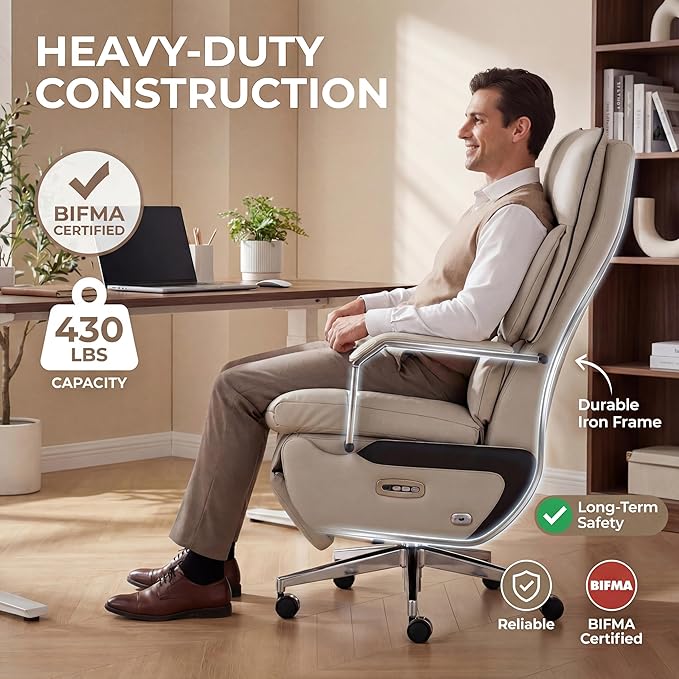 Dual Motor Executive Reclining Office Chair with Footrest – One-Click Electric Recline Massage Lumbar Support &amp Pillow Big and Tall PU Leather Ergonomic Desk Chair for Home Office/Gaming(White)