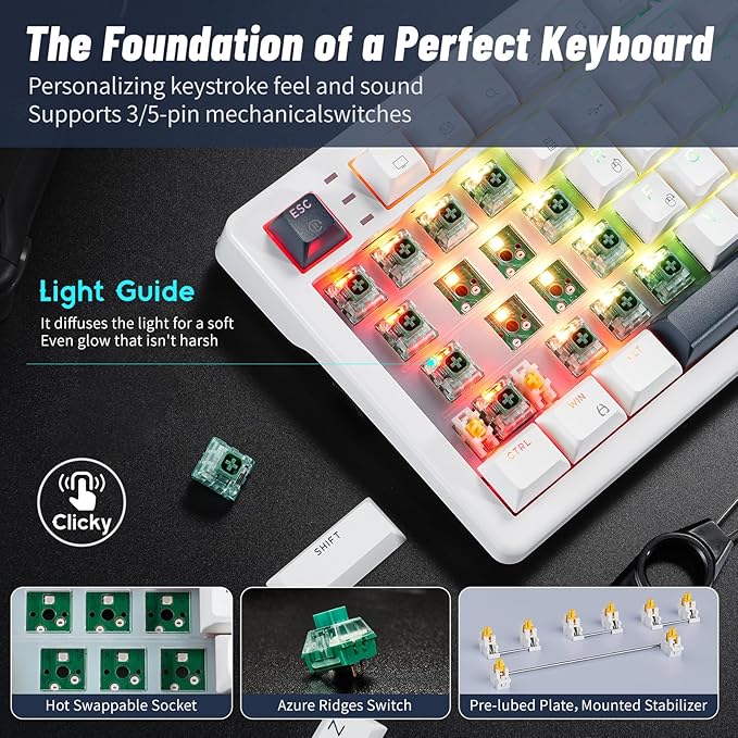 Wireless Mechanical Keyboard with Wrist RestTri-Mode BT5.0/2.4GHz/USB-C Hot Swappable Custom KeyboardPre-lubed Clicky SwitchesRGB Backlit Computer Gaming Keyboards for PC/Tablet/PS/Xbox(White)