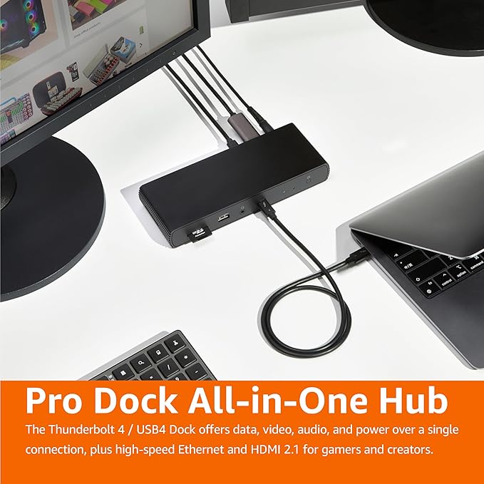 Amazon Basics Thunderbolt 4 Pro Docking Station Dual 4K Monitor Support 8K Display 2xTBT4 1xHDMI2.1 3xUSB A 3.1 RJ45 Ethernet Black 7.86 x 2.95 x 1.23 inches