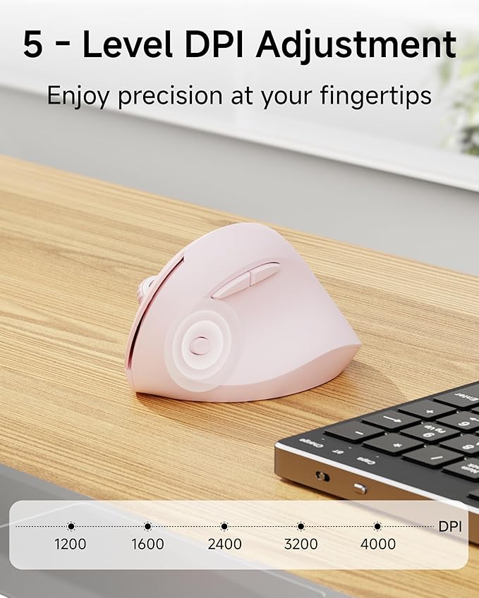 Q7 Vertical Ergonomic Mouse Wireless Bluetooth Mouse (BT5.0/3.0+2.4G) 5-Level Adjustable DPI up to 4000 Quiet clicks Multi Devices Computer Mouse for Laptop/PC/Mac-Pink