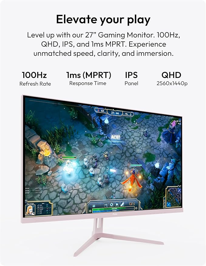 Pixio Two PX275 Wave Pink 27 inch 100Hz Refresh Rate QHD 1440p Resolution IPS Panel 1ms MPRT Response Time Gaming Monitor and PS1D Wave Pink Dual Monitor Arm - Fits up to 32 inches and 19.8lbs