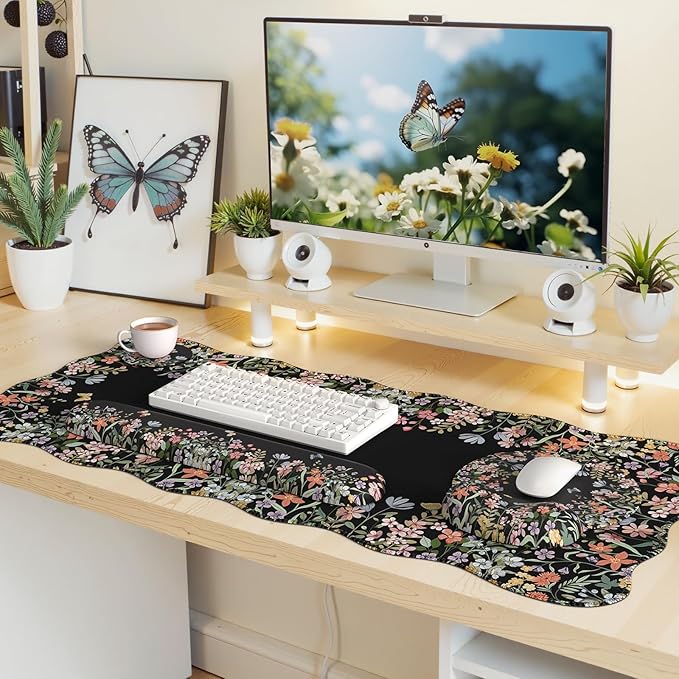 iLeadon Floral Desk Cover Mat Cute Ergonomic Mouse Pad and Keyboard Wrist Rest Smooth Mouse Pad Set Non Slip Scalloped Desk Pad Mat for Keyboard and Mouse Set Women Aesthetics(Black)