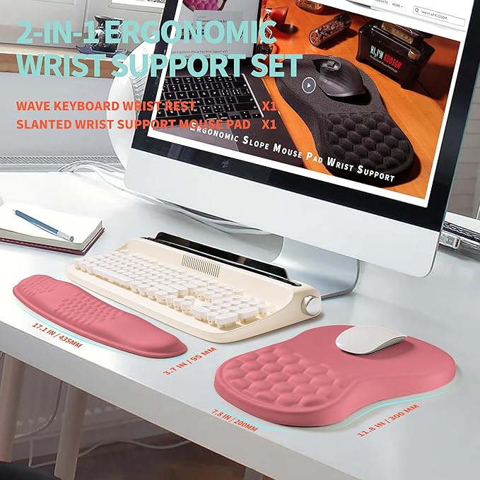 2-in-1 Ergonomic Set Wave Rise Keyboard Wrist Rest and Massage Bulge Slope Mouse Pad Wrist Support Cushion Memory Foam Integrated to Relieve Wrist Pain Muskmelon Pink