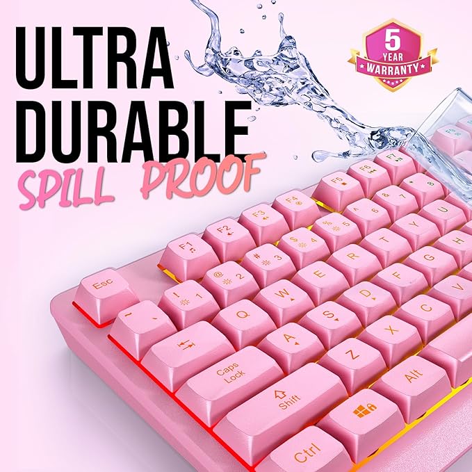 KLIM Chroma Pink Wireless Keyboard – RGB Backlit Rechargeable Battery Wireless Keyboard with Water-Resistant Durable Design Compatible with PC Mac PS4 PS5