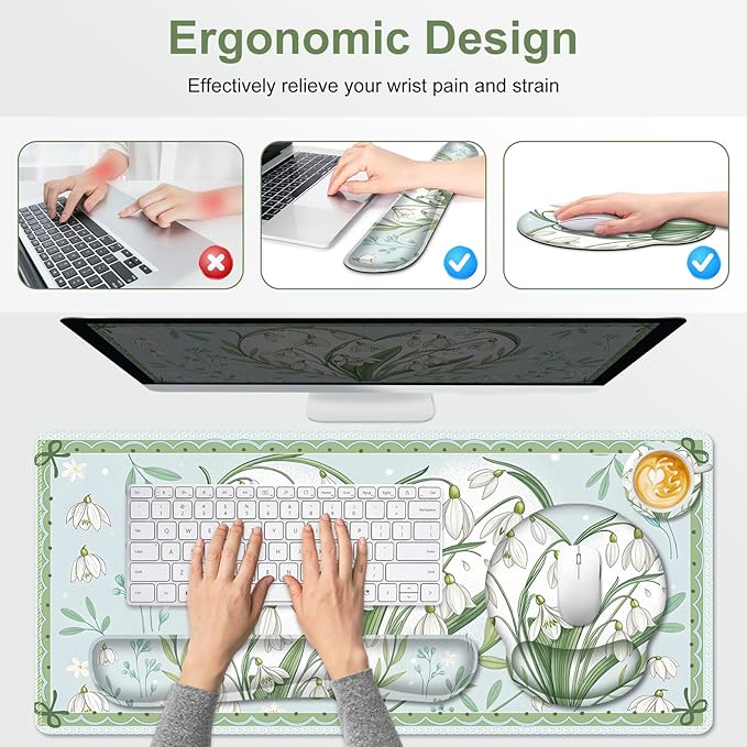 Floral Desk Mat 4in1 Large Mouse Pad with Wrist Rest Desk Matt for Desktop Desk Pad Mat Anti-Slip XXL Big Computer Ergonomic Mousepad with Wrist Support for Keyboard and Mouse I Green Flower Heart