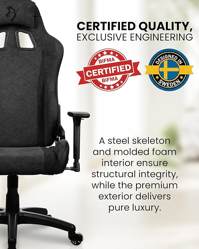 Arozzi Avanti Gaming Chair - Soft Fabric Ergonomic Gaming Chairs for Adults - Adjustable Height Backrest &amp Armrest with Head Pillow - Home Office Setup Professional Computer Chairs Dark Grey