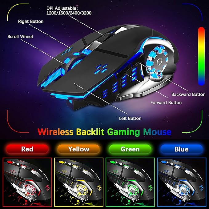 Wireless Gaming Keyboard and MouseRainbow Backlit Rechargeable Keyboard Mouse with 3800mAh Battery Metal PanelRemovable Hand Rest Mechanical Feel Keyboard and 7 Color Gaming Mute Mice for PC Gamers