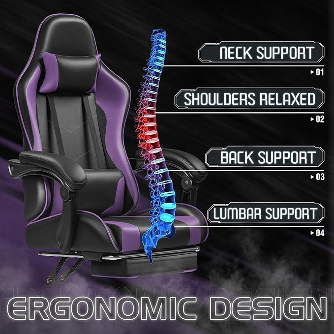 Homall Gaming Chair Video Game Chair with Footrest and Massage Lumbar Support Ergonomic Computer Chair Height Adjustable with Swivel Seat and Headrest (Purple)