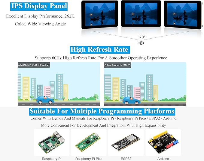 3.5inch Capacitive Touch Screen Compatible with Raspberry Pi 5/4B/3B+/3B/3A+/Pico W/Pico 2W/ ESP32 320x480 IPS LCD 5-Point Touch SPI and I2C Interfaces Pigo Pin or 13PIN Cable Dual Connections