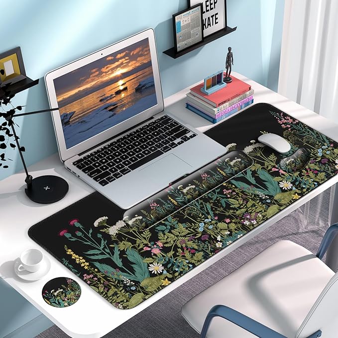 Keyboard Wrist Rest + Mouse Pad with Wrist Support + Desk Mat + Coaster 4 in 1 Set XXL Large Gaming Mousepad Cute Ergonomic Mouse Pads for Desk Computer Laptop Office Decor-Little Flowers