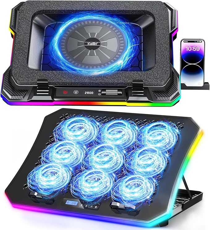 KeiBn 9 Fans &amp 5.5inch Powerful Cooling Fan Free Height Adjustment 10 RGB Lights Phone Stand-Blue