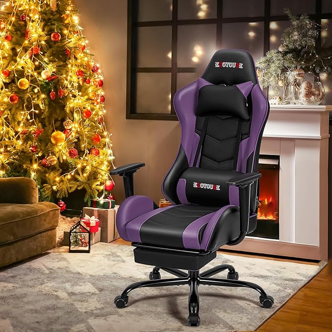 Massage Gaming Chair w/Footrest Video Racing Chair PC High Back Desk Computer Chair PU Leather Recliner w/Headrest and Lumbar Pillow Purple